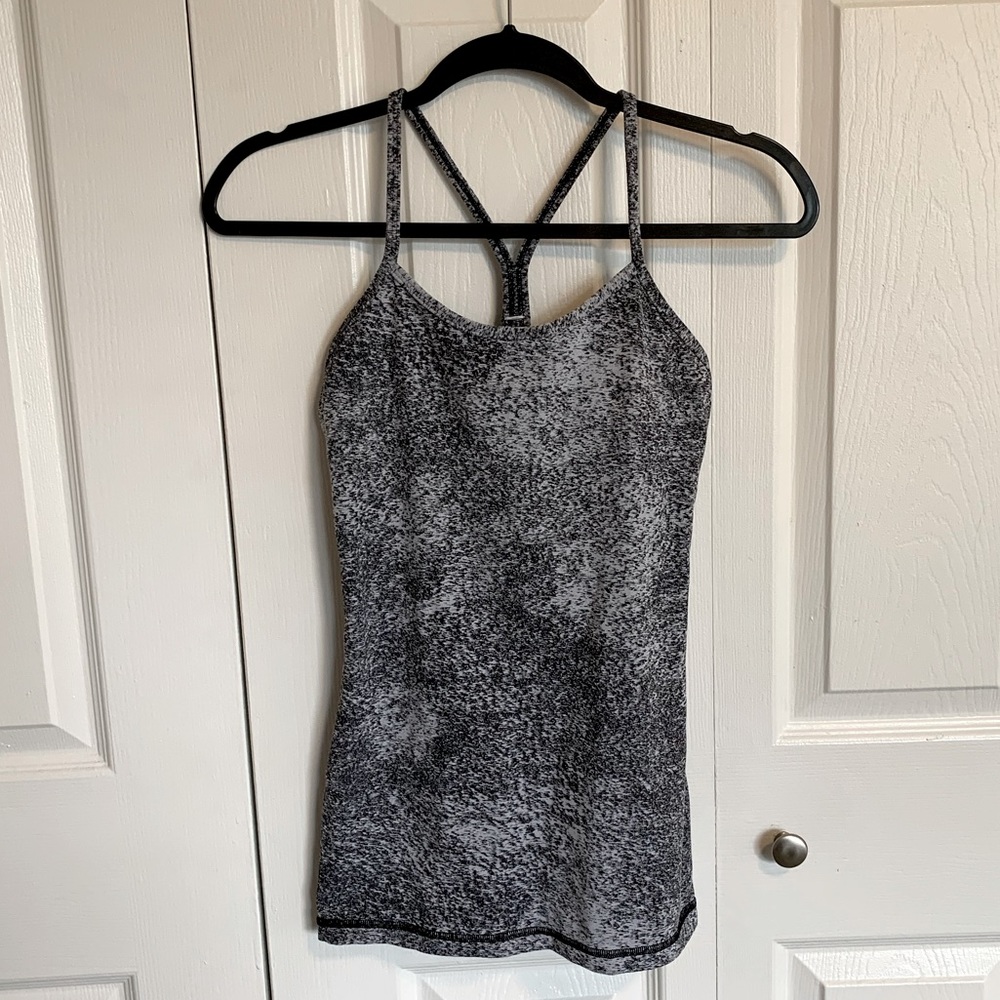 Gray, black, and white heathered Lululemon power Y workout tank size 4